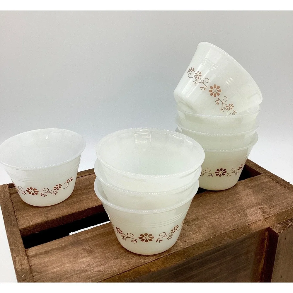 Vintage Milk Glass‎ Custard Bowls, Set of 8 Brown Daisy Dessert Dishes (M5-16)